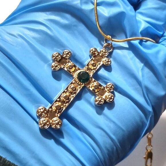 18k Gold Plated Necklace Cross Catholic Green Zircon Birthday Valentines Gift